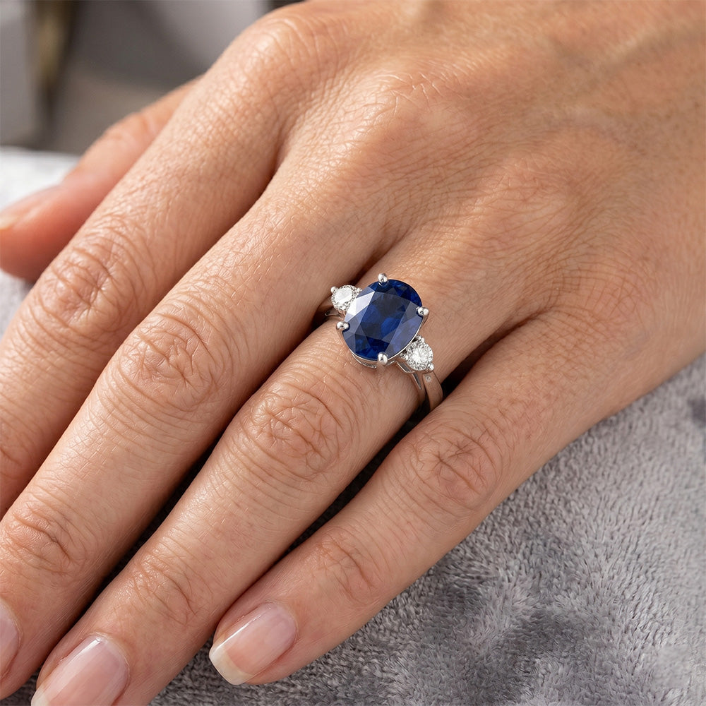 3 Stone Sri Lanka Blue Sapphire & Natural Earth Mined Diamond Ring 3.20 Carats New