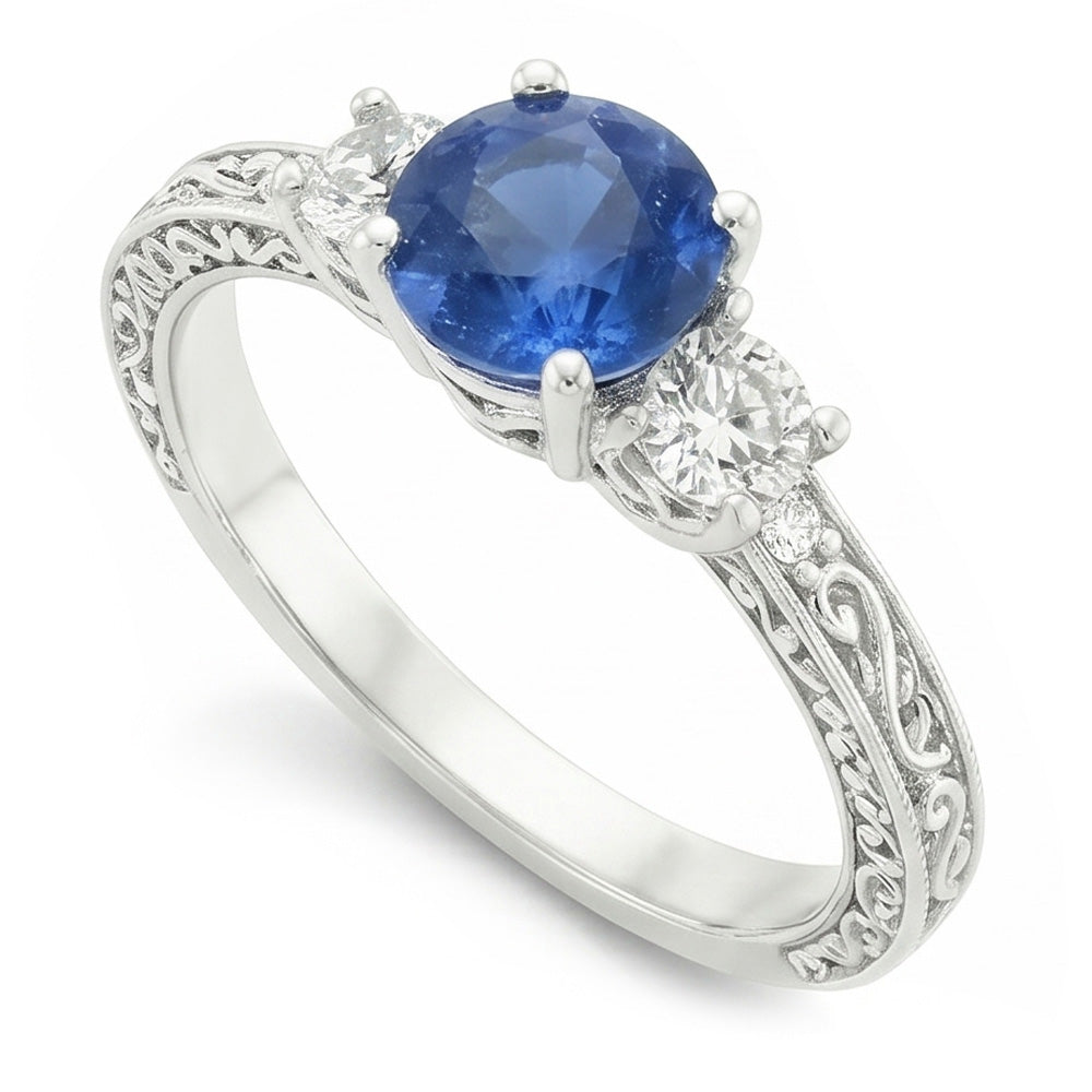 3 Stone Style 2.60 Ct Sri Lankan Sapphire And Natural Earth Mined Diamonds Ring WG 14K