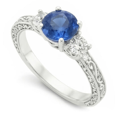 3 Stone Style 2.60 Ct Sri Lankan Sapphire And Natural Earth Mined Diamonds Ring WG 14K