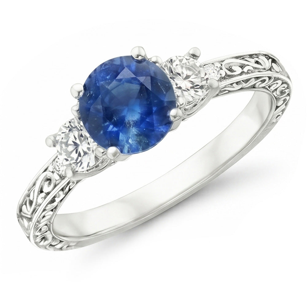 3 Stone Style 2.60 Ct Sri Lankan Sapphire And Natural Earth Mined Diamonds Ring WG 14K