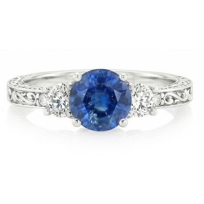 3 Stone Style 2.60 Ct Sri Lankan Sapphire And Natural Earth Mined Diamonds Ring WG 14K