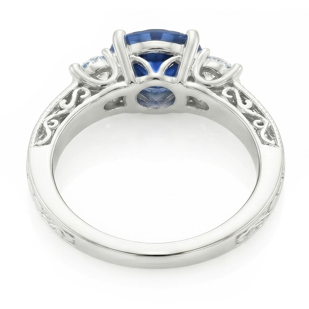 3 Stone Style 2.60 Ct Sri Lankan Sapphire And Natural Earth Mined Diamonds Ring WG 14K