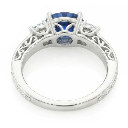 3 Stone Style 2.60 Ct Sri Lankan Sapphire And Natural Earth Mined Diamonds Ring WG 14K