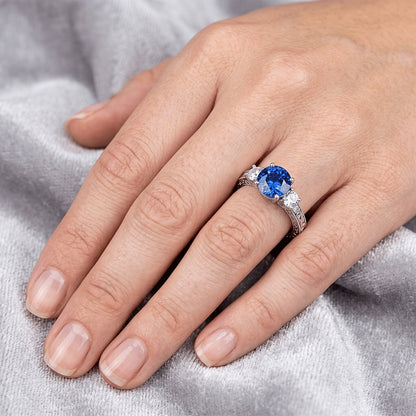 3 Stone Style 2.60 Ct Sri Lankan Sapphire And Natural Earth Mined Diamonds Ring WG 14K