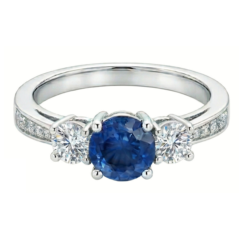 3 Stone Style 3.80 Ct Sapphire And Natural Earth Mined Diamonds Wedding Ring White Gold