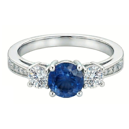 3 Stone Style 3.80 Ct Sapphire And Natural Earth Mined Diamonds Wedding Ring White Gold