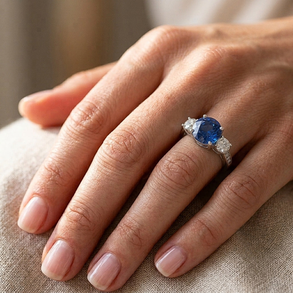 3 Stone Style 3.80 Ct Sapphire And Natural Earth Mined Diamonds Wedding Ring White Gold