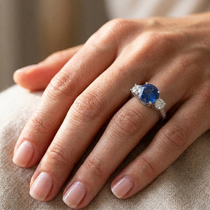 3 Stone Style 3.80 Ct Sapphire And Natural Earth Mined Diamonds Wedding Ring White Gold