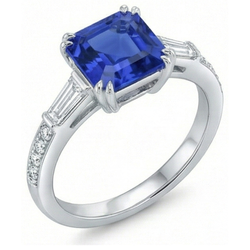 3 Stone Style Asscher Sapphire Ring 3 Carats Baguette & Round Natural Earth Mined Diamonds