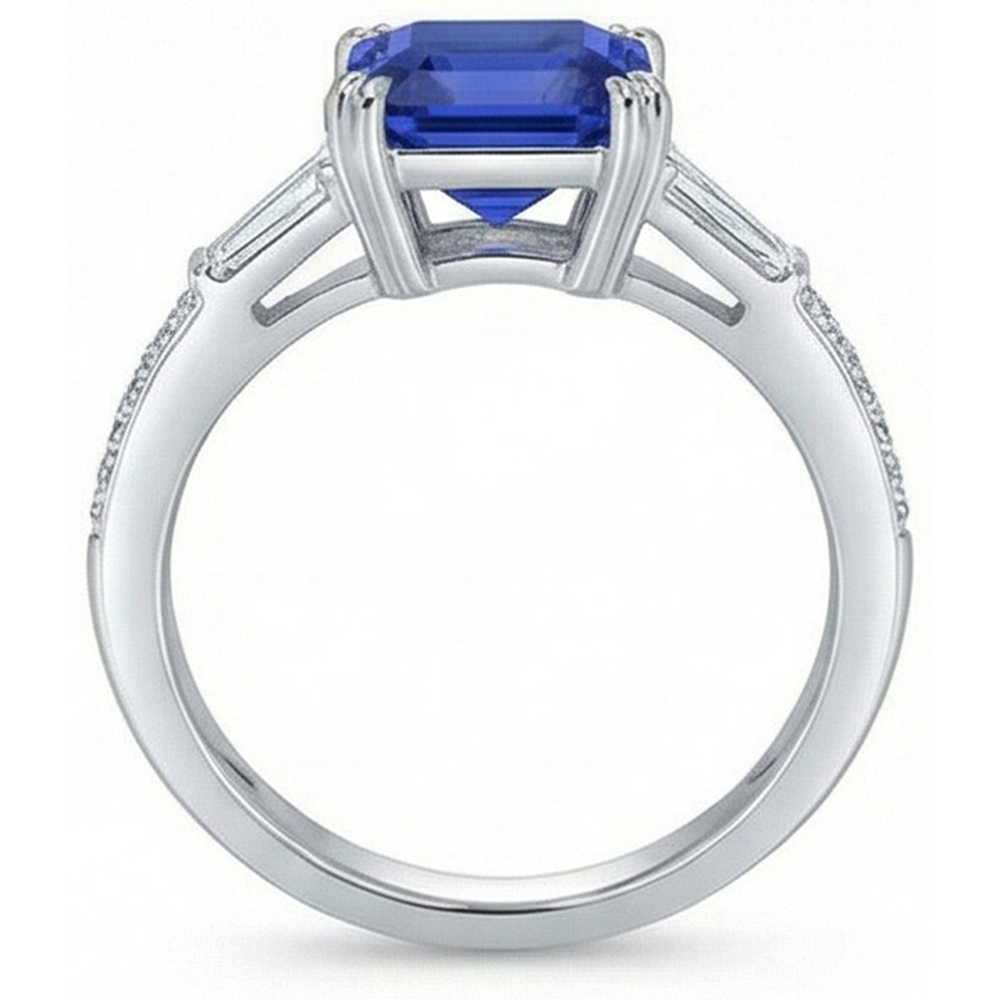 3 Stone Style Asscher Sapphire Ring 3 Carats Baguette & Round Natural Earth Mined Diamonds