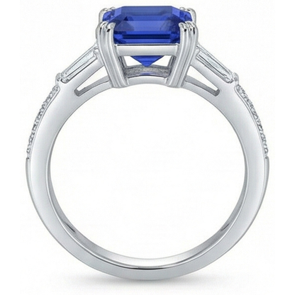 3 Stone Style Asscher Sapphire Ring 3 Carats Baguette & Round Natural Earth Mined Diamonds