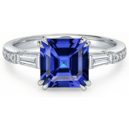 3 Stone Style Asscher Sapphire Ring 3 Carats Baguette & Round Natural Earth Mined Diamonds
