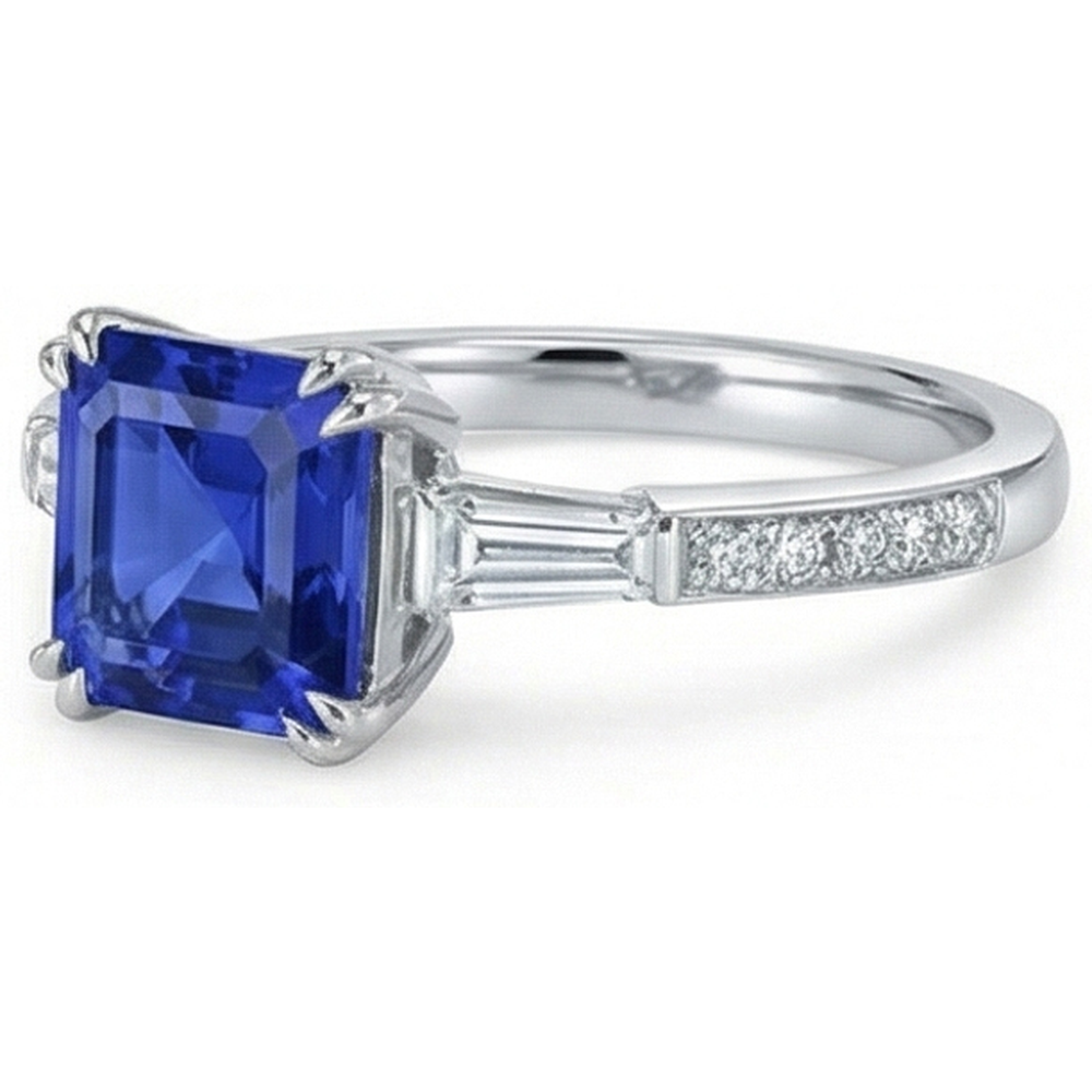 3 Stone Style Asscher Sapphire Ring 3 Carats Baguette & Round Natural Earth Mined Diamonds