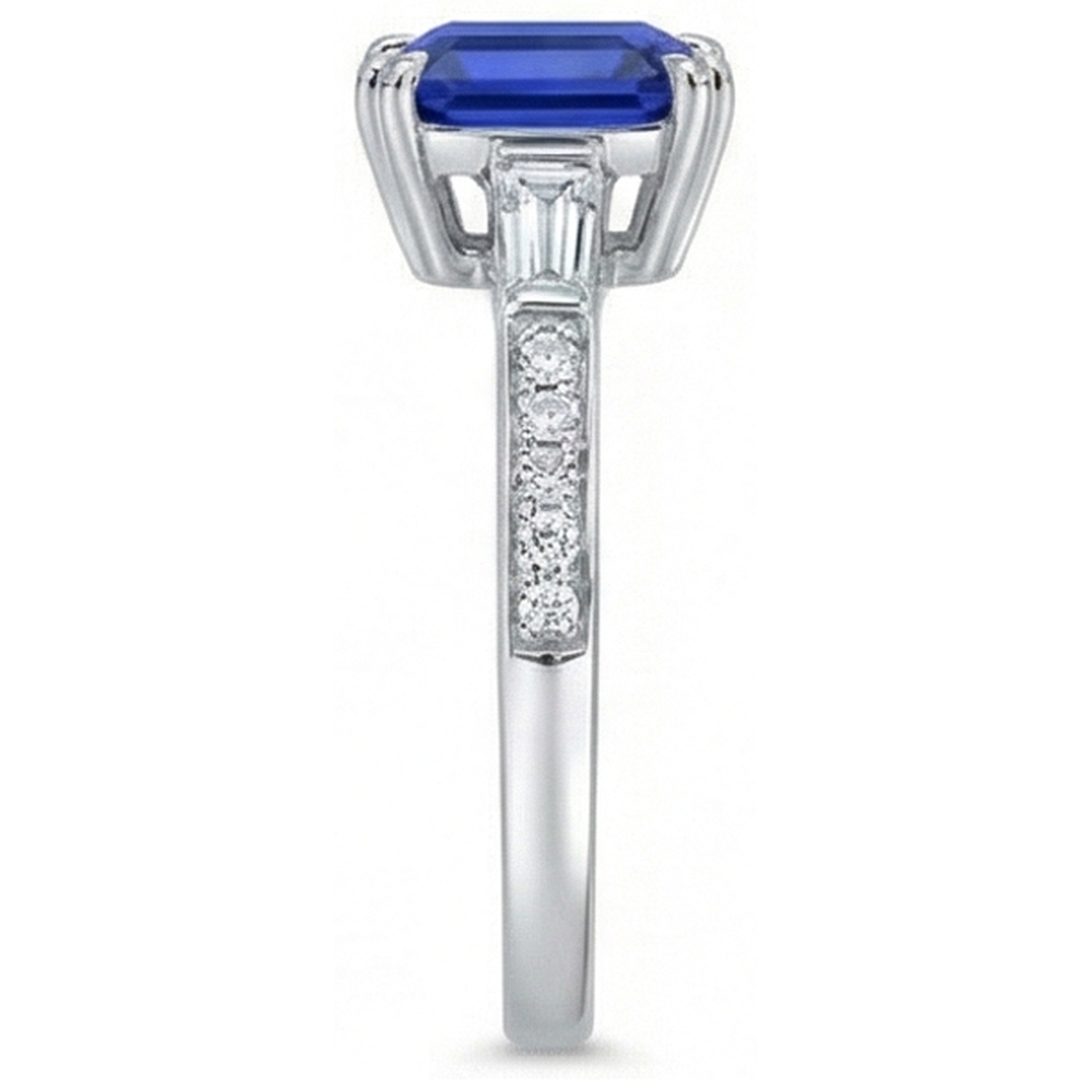 3 Stone Style Asscher Sapphire Ring 3 Carats Baguette & Round Natural Earth Mined Diamonds