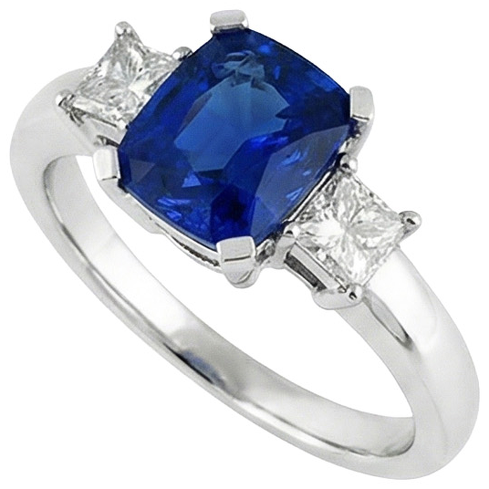 3 Stone Style Ceylon Sapphire & Natural Earth Mined Diamonds 4.01 Ct. Ring White Gold 14K