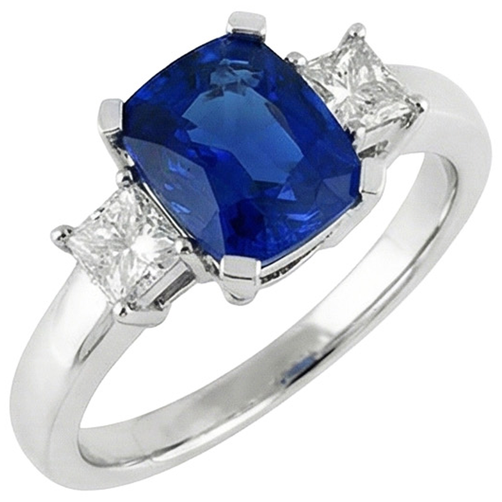 3 Stone Style Ceylon Sapphire & Natural Earth Mined Diamonds 4.01 Ct. Ring White Gold 14K