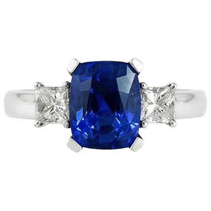 3 Stone Style Ceylon Sapphire & Natural Earth Mined Diamonds 4.01 Ct. Ring White Gold 14K