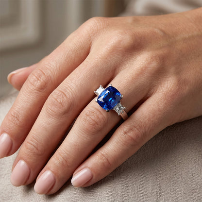 3 Stone Style Ceylon Sapphire & Natural Earth Mined Diamonds 4.01 Ct. Ring White Gold 14K