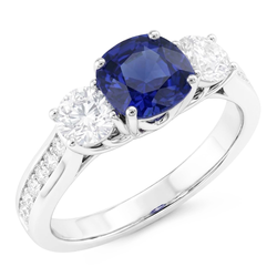 3 Stone Style Gemstone Ring Cushion Sapphire & Natural Earth Mined Diamonds 3.50 Carats