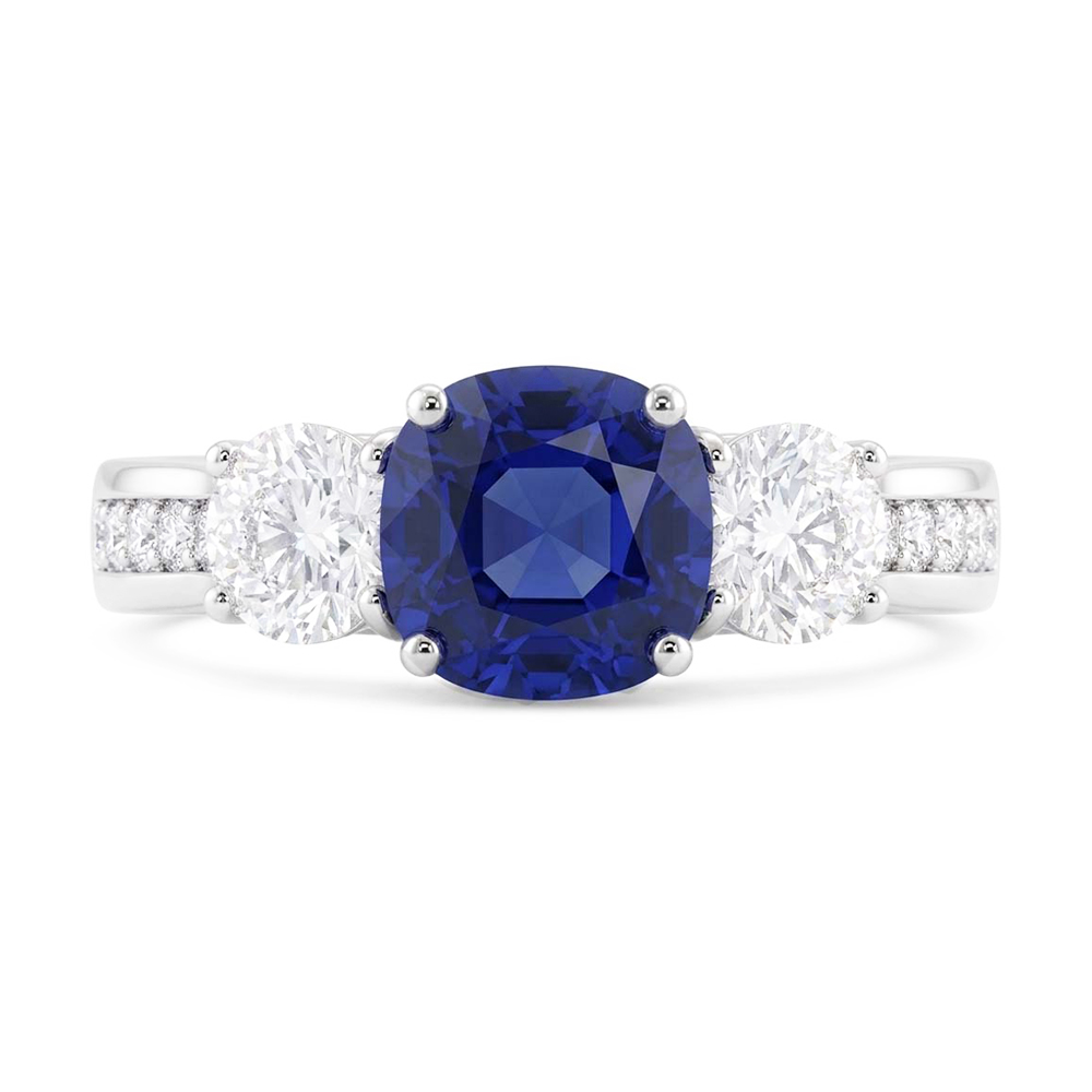 3 Stone Style Gemstone Ring Cushion Sapphire & Natural Earth Mined Diamonds 3.50 Carats