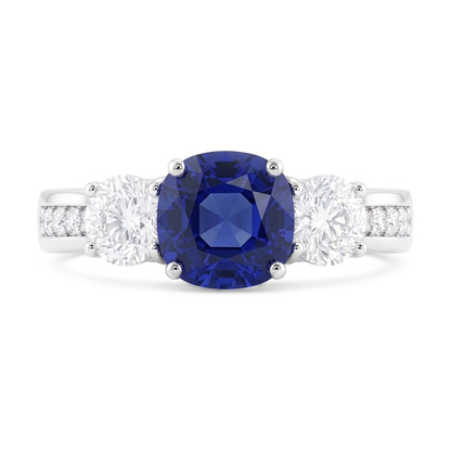 3 Stone Style Gemstone Ring Cushion Sapphire & Natural Earth Mined Diamonds 3.50 Carats