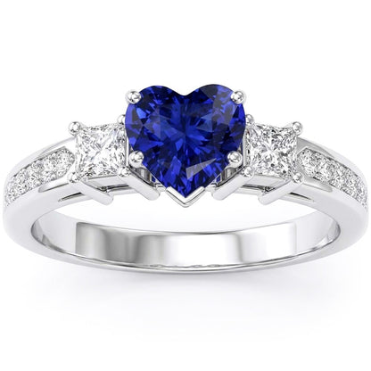 3 Stone Style Heart Sapphire Ring Princess & Round Natural Earth Mined Diamonds 3 Carats