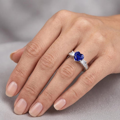 3 Stone Style Heart Sapphire Ring Princess & Round Natural Earth Mined Diamonds 3 Carats