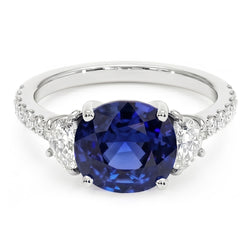 3 Stone Style Oval Ceylon Sapphire & Half Moon Natural Earth Mined Diamonds Ring 11 Carats
