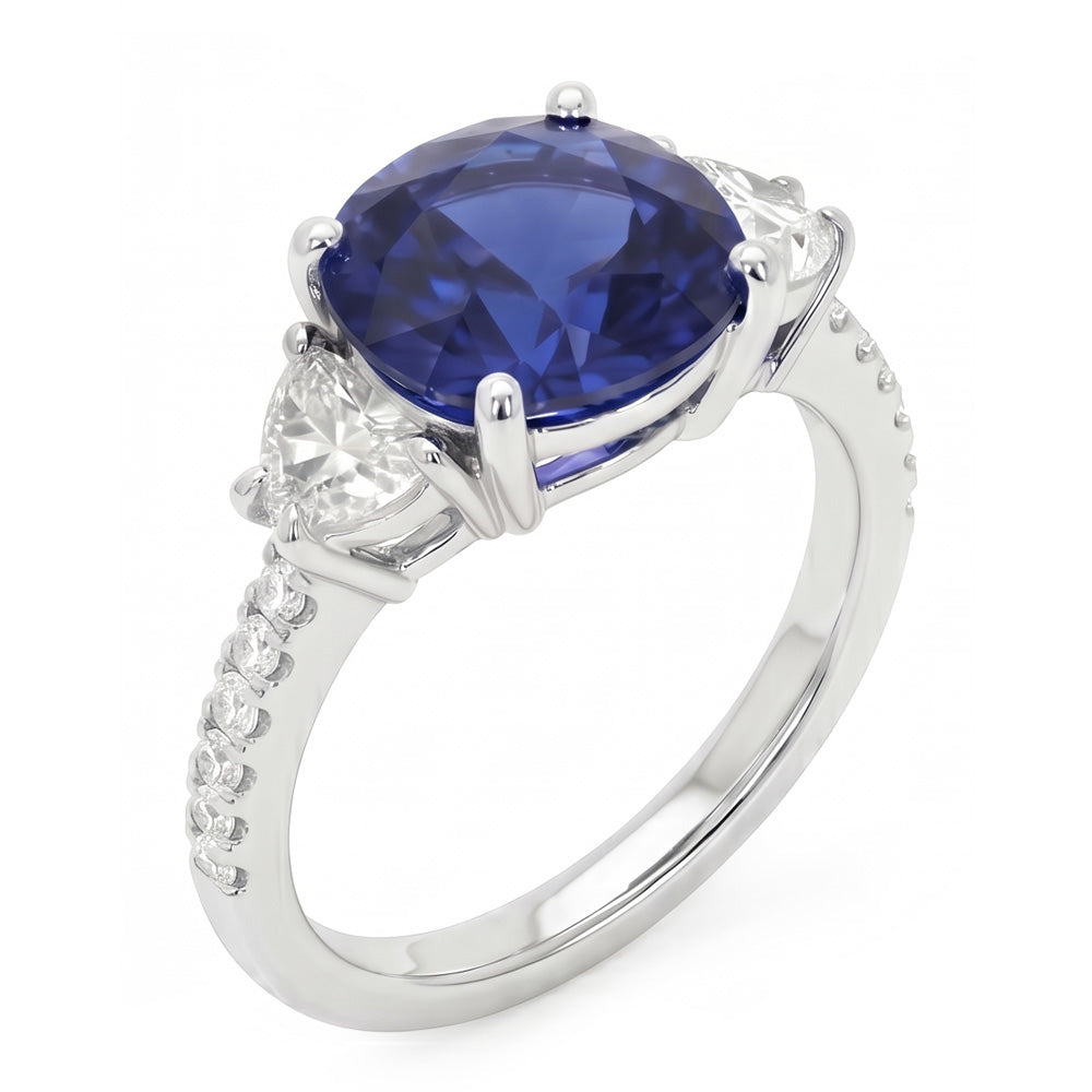 3 Stone Style Oval Ceylon Sapphire & Half Moon Natural Earth Mined Diamonds Ring 11 Carats