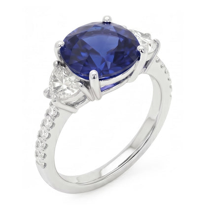 3 Stone Style Oval Ceylon Sapphire & Half Moon Natural Earth Mined Diamonds Ring 11 Carats