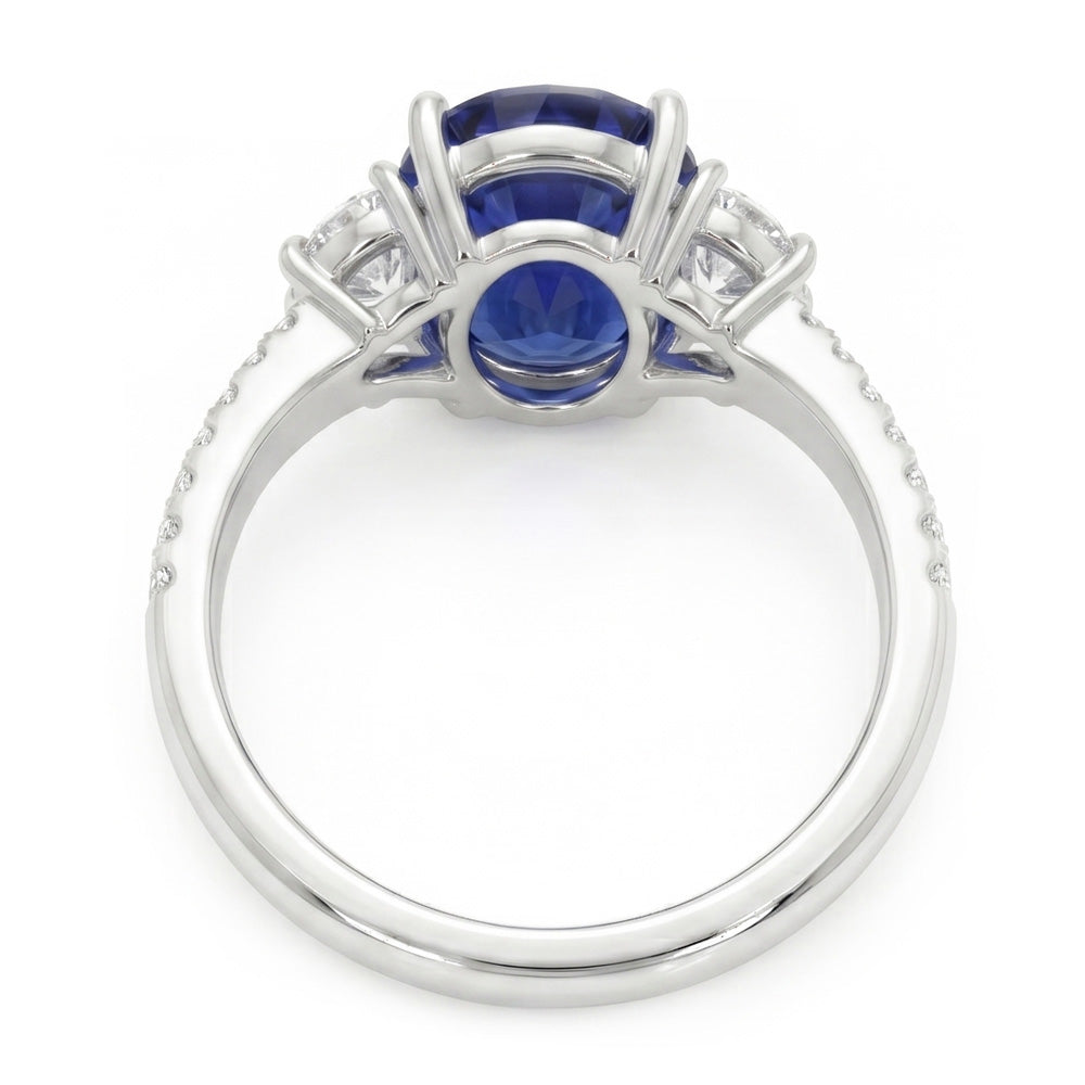 3 Stone Style Oval Ceylon Sapphire & Half Moon Natural Earth Mined Diamonds Ring 11 Carats