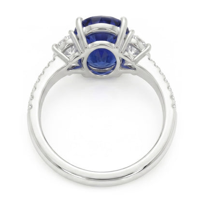 3 Stone Style Oval Ceylon Sapphire & Half Moon Natural Earth Mined Diamonds Ring 11 Carats