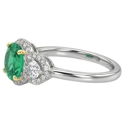Natural Real ( Not Lab Grown ) 3 Stone Style Ring Halo Green Emerald GIA Thin Band
