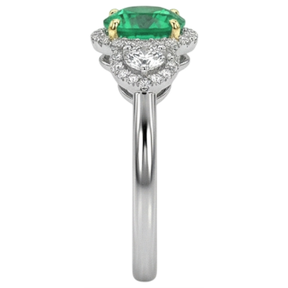 Natural Real ( Not Lab Grown ) 3 Stone Style Ring Halo Green Emerald GIA Thin Band