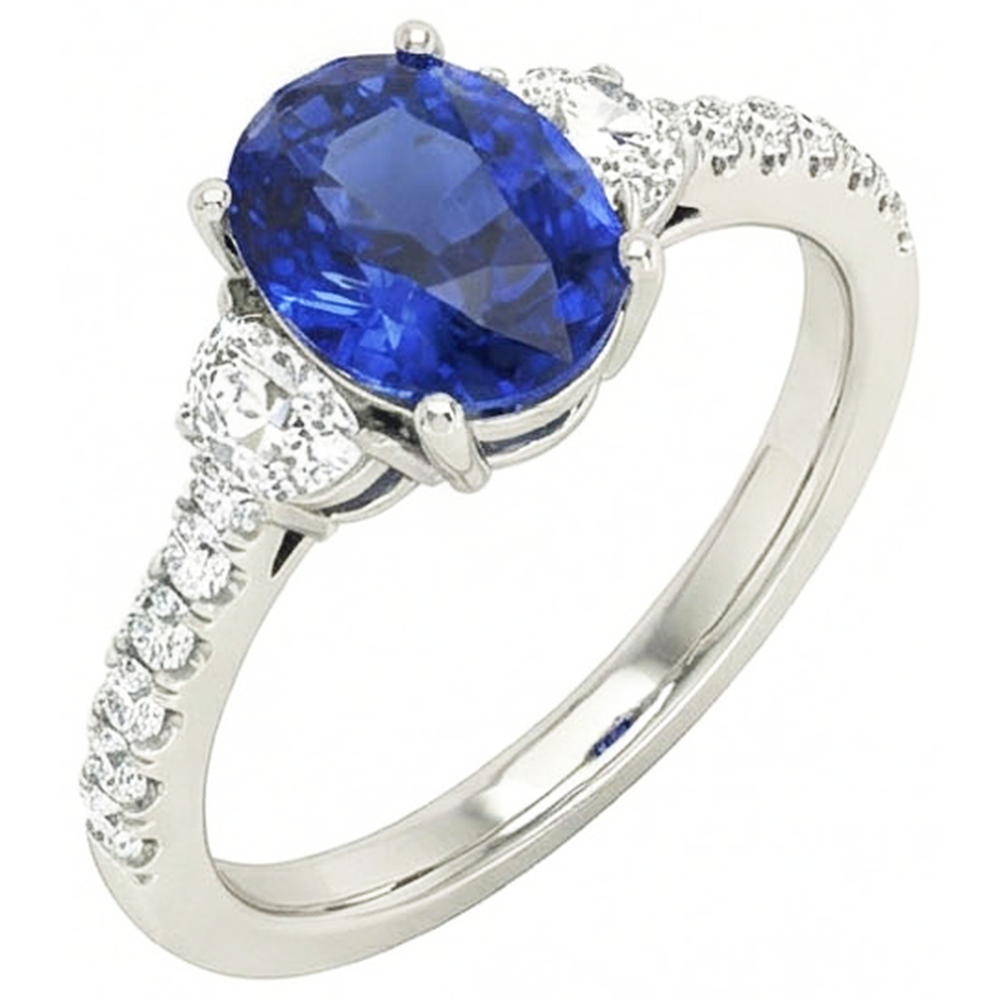 Natural Real ( Not Lab Grown )  3 Stone Style Ring Oval Blue Sapphire 6.75 Carats Genuine White Gold