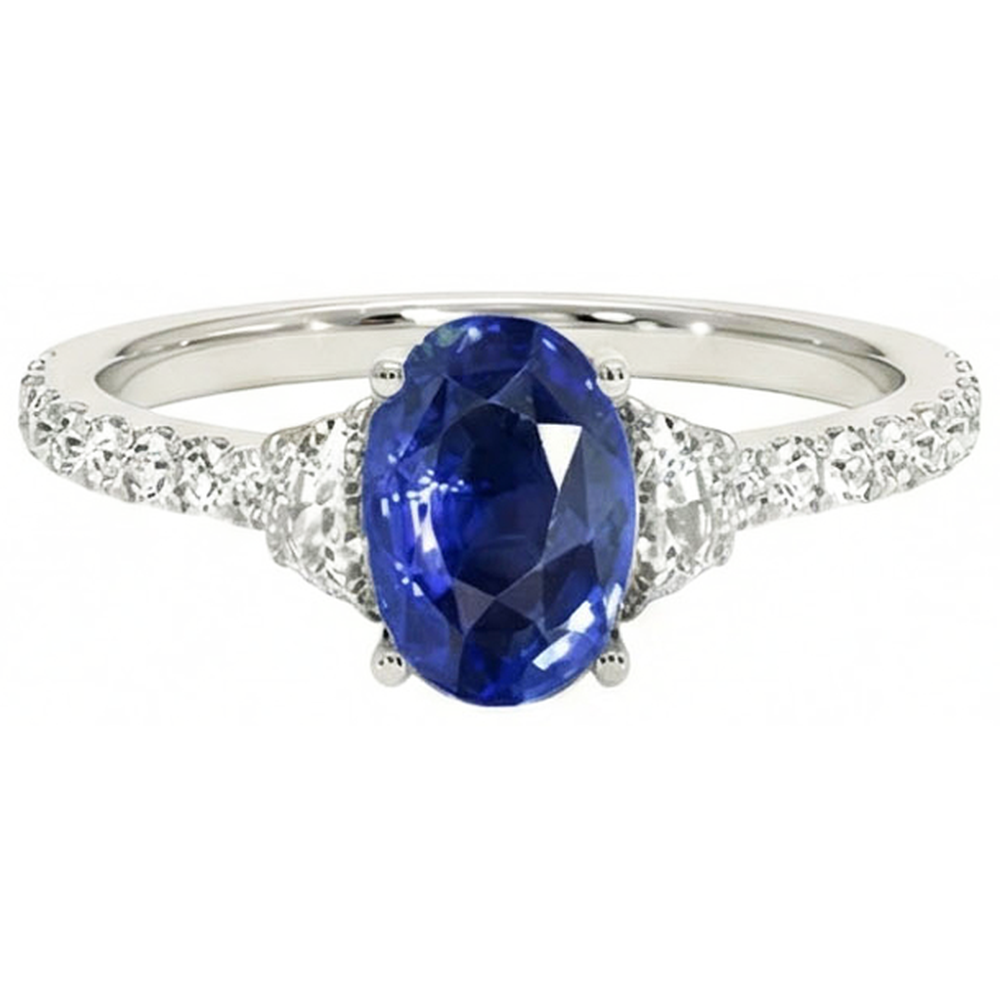 Natural Real ( Not Lab Grown )  3 Stone Style Ring Oval Blue Sapphire 6.75 Carats Genuine White Gold