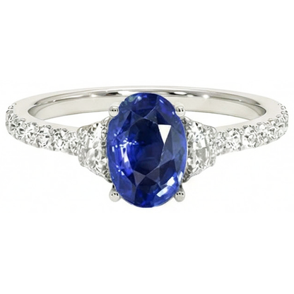 Natural Real ( Not Lab Grown )  3 Stone Style Ring Oval Blue Sapphire 6.75 Carats Genuine White Gold