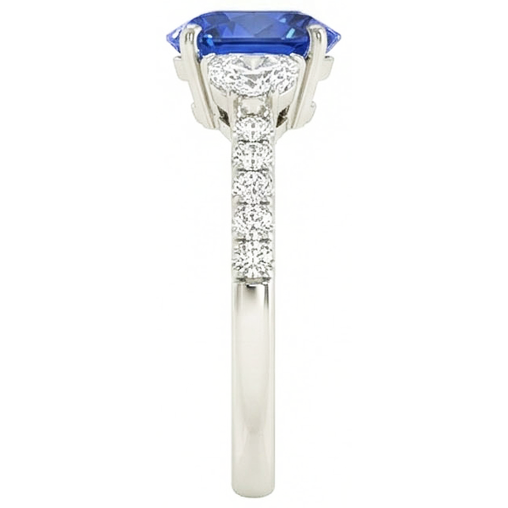 Natural Real ( Not Lab Grown )  3 Stone Style Ring Oval Blue Sapphire 6.75 Carats Genuine White Gold