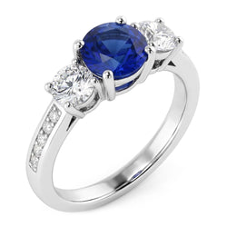 3 Stone Style Round Natural Earth Mined Diamond Blue Sapphire Ring With Accents 2 Carats