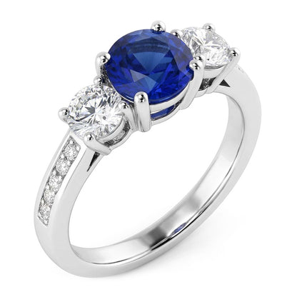 3 Stone Style Round Natural Earth Mined Diamond Blue Sapphire Ring With Accents 2 Carats