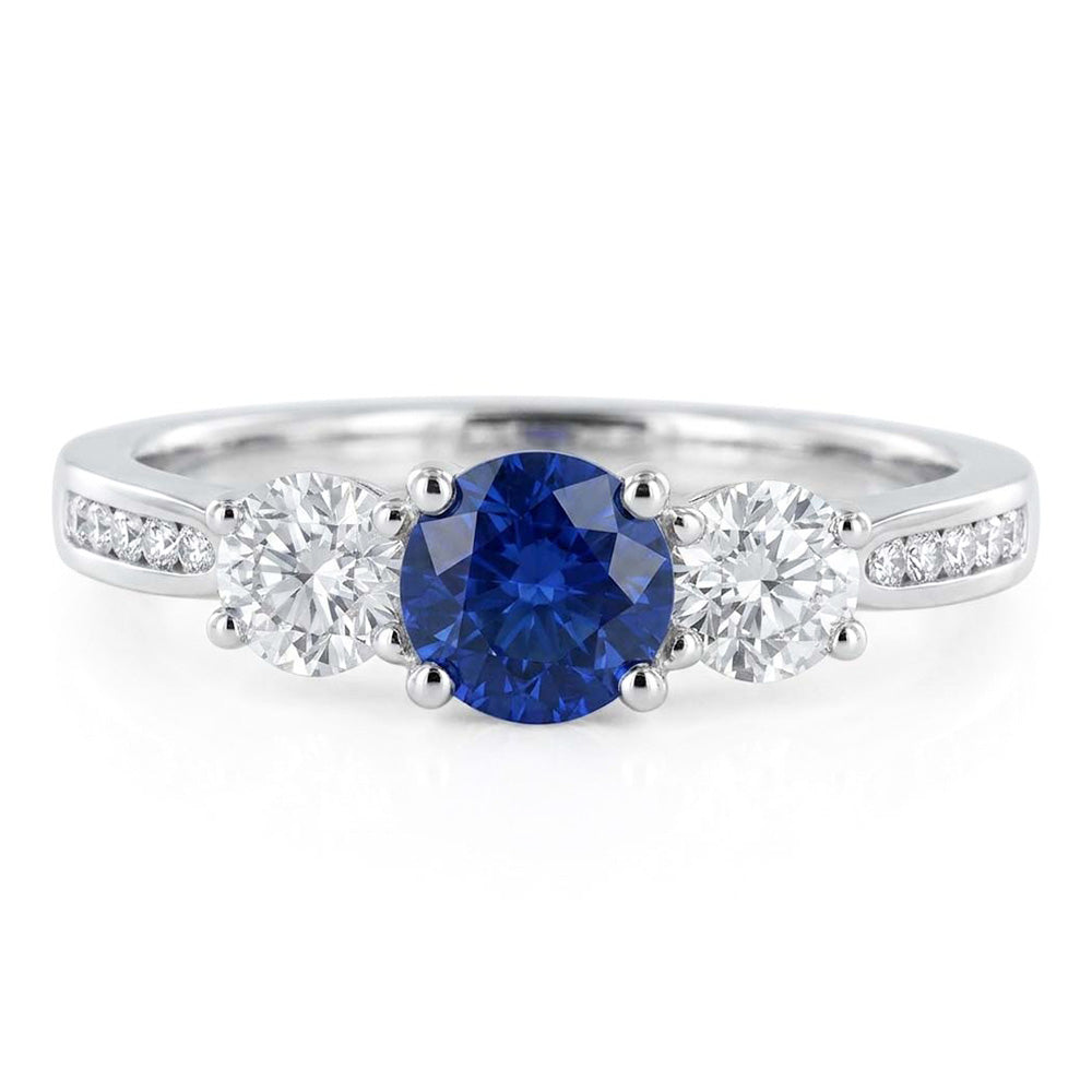 3 Stone Style Round Natural Earth Mined Diamond Blue Sapphire Ring With Accents 2 Carats