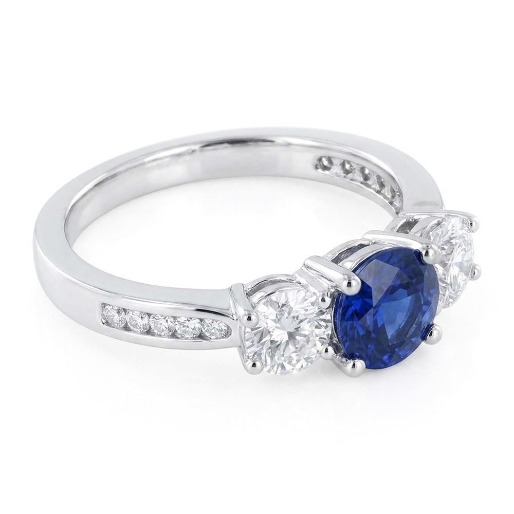3 Stone Style Round Natural Earth Mined Diamond Blue Sapphire Ring With Accents 2 Carats