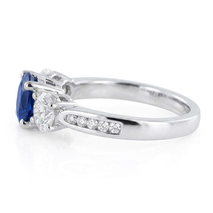 3 Stone Style Round Natural Earth Mined Diamond Blue Sapphire Ring With Accents 2 Carats