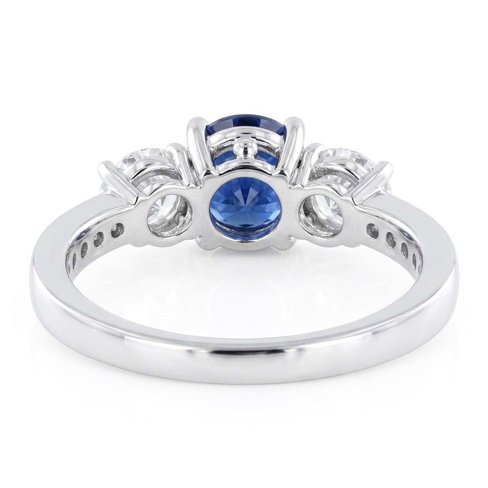 3 Stone Style Round Natural Earth Mined Diamond Blue Sapphire Ring With Accents 2 Carats
