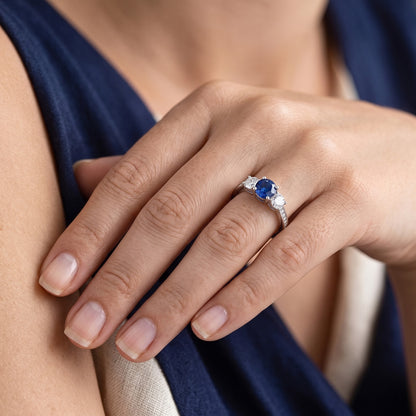 3 Stone Style Round Natural Earth Mined Diamond Blue Sapphire Ring With Accents 2 Carats