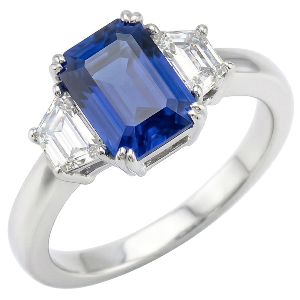 3 Stone Trapezoid Natural Earth Mined Diamond Jewelry 3 Carat Radiant Ceylon Sapphire Ring