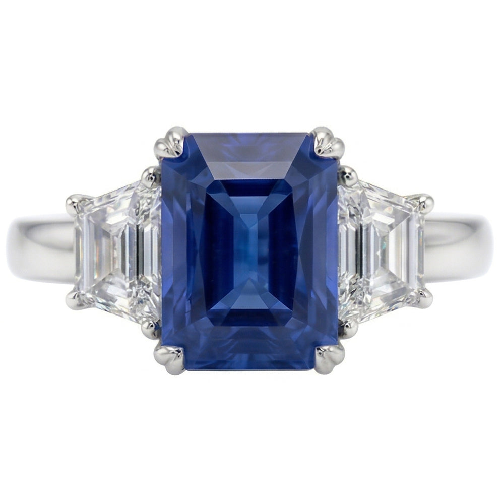 3 Stone Trapezoid Natural Earth Mined Diamond Jewelry 3 Carat Radiant Ceylon Sapphire Ring