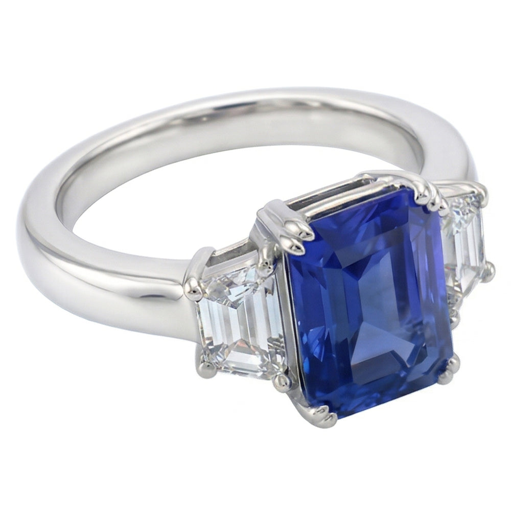 3 Stone Trapezoid Natural Earth Mined Diamond Jewelry 3 Carat Radiant Ceylon Sapphire Ring