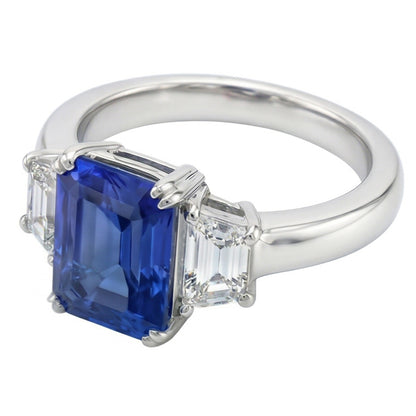 3 Stone Trapezoid Natural Earth Mined Diamond Jewelry 3 Carat Radiant Ceylon Sapphire Ring