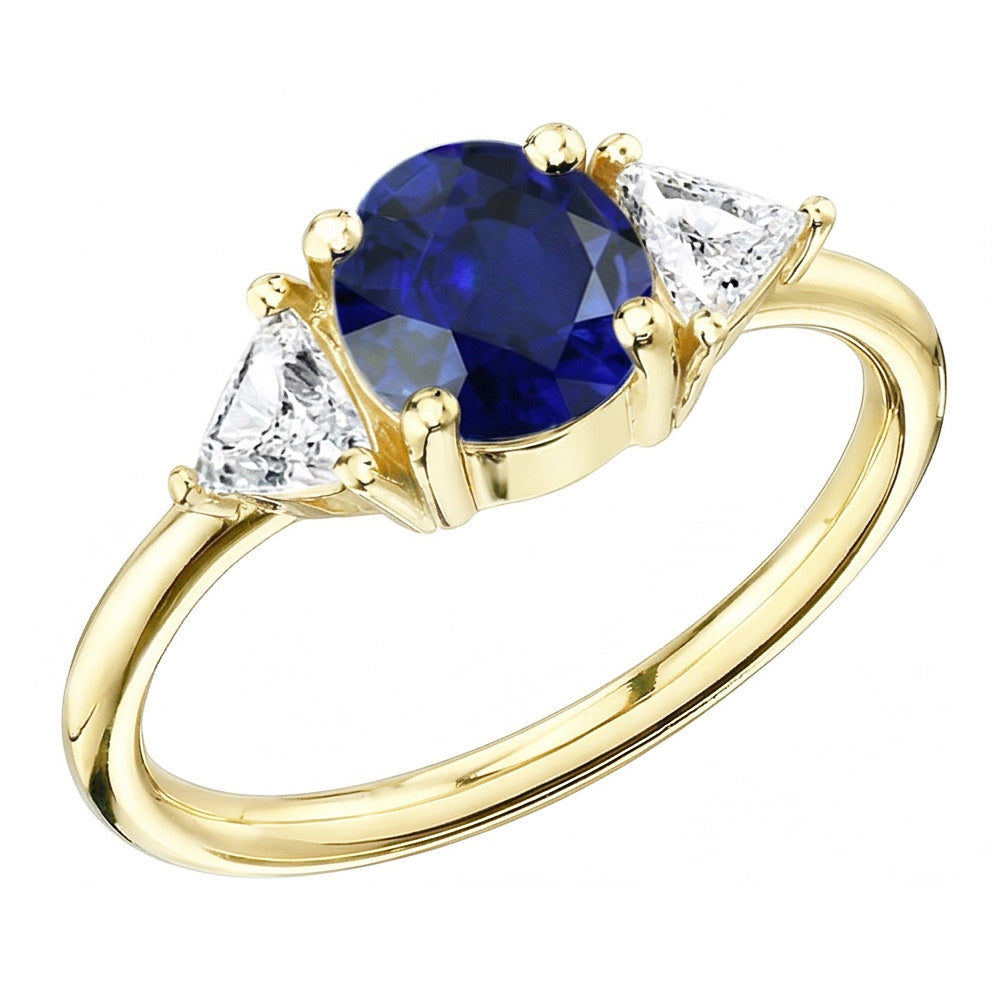 3 Stone Trilliant Natural Earth Mined Diamond Ring 2 Carats Yellow Gold Ceylon Sapphire